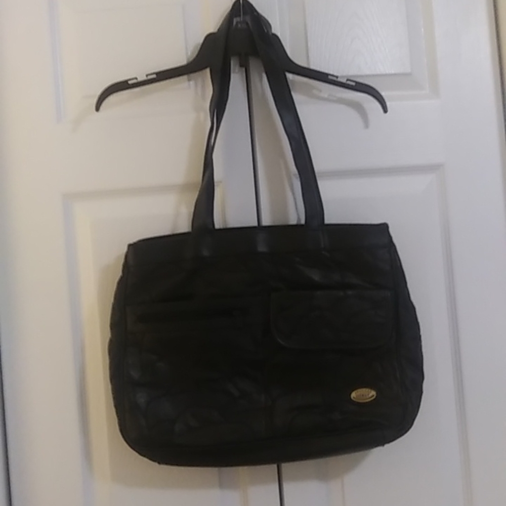 Black Leather women's shoulder bag lined black material 14 in shoulder strap